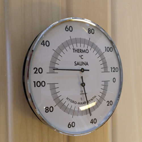 Bastutermometer och hygrometer, stora siffror, rejäl med metallhölje