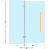 Glasvägg 1200x2000 mm, monterad höjd 2000 mm, härdat säkerhetsglas