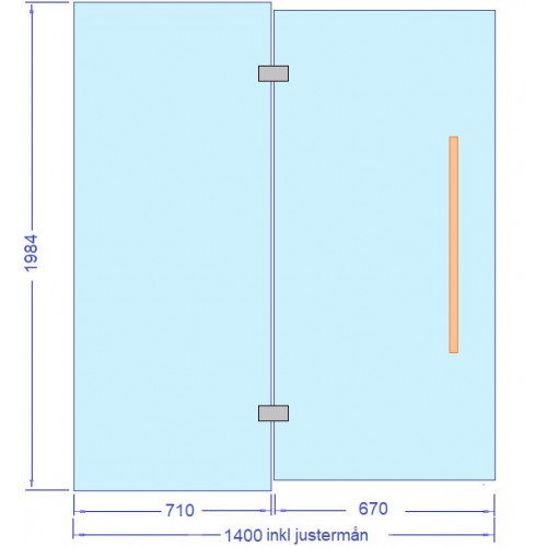 Glasvägg 1400x1984 mm, monterad höjd 2000 mm, härdat säkerhetsglas