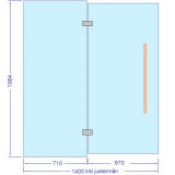 Glasvägg 1400x1984 mm, monterad höjd 2000 mm, härdat säkerhetsglas