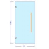 Glasdörr 670x1940 med gångjärn som skruvas i vägg, härdat säkerhetsglas