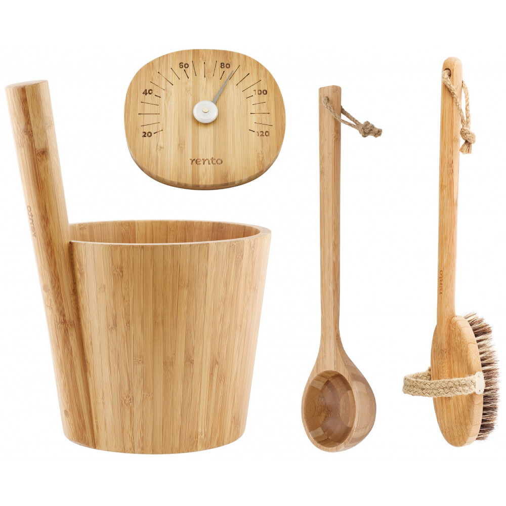 Bastuhink i bambu med matchande skopa, termometer och ryggborste, detta är ett exklusivt presentset.