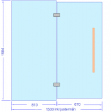 Glasvägg 1500x1984 mm, monterad höjd 2000 mm, härdat säkerhetsglas
