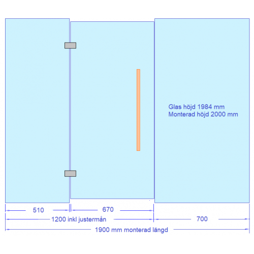 Glasvägg till bastu och badrum 1900 mm