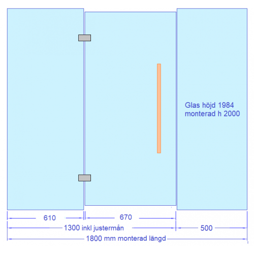 Glasvägg 1800 mm, dörr med sidoglas 1300, extraglas 500