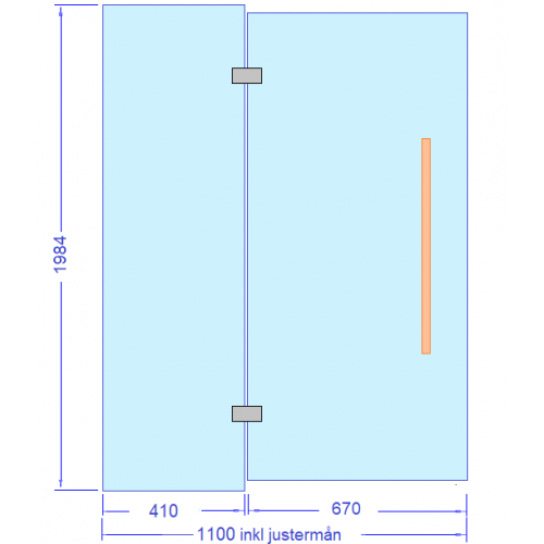 Glasvägg 1100 mm, dörr+sidoglas