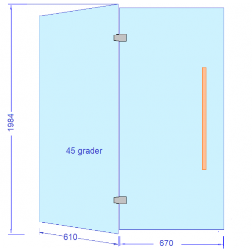 Glasvägg 45°, sidoglas 610+glasdörr 670 mm