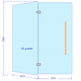 Glasdörr 670 mm med sidoglas 610 mm gör glasvägg i 45 graders vinkel
