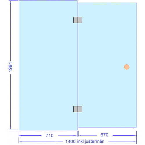 Glasvägg 1400 mm, dörr med gångjärn och sidoglas