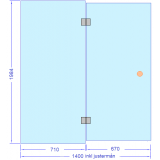 Glasvägg 1400 mm, dörr med gångjärn och sidoglas