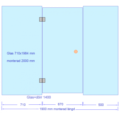 Glasvägg 1900x2000 mm inkl U-profiler och monteringskit