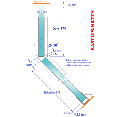 Glasdörr 670 mm med sidoglas 610 mm gör glasvägg i 45 graders vinkel