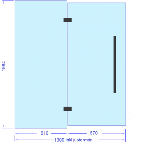 Glas plus dörrkombination 1300 mm, svarta beslag glasvägg bastu