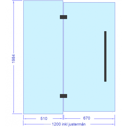 Glasvägg 1200 mm, monterad höjd 2000 mm, svarta beslag