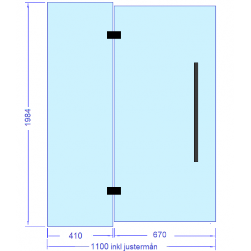 Glas+dörrkombination 1100 mm med svarta beslag