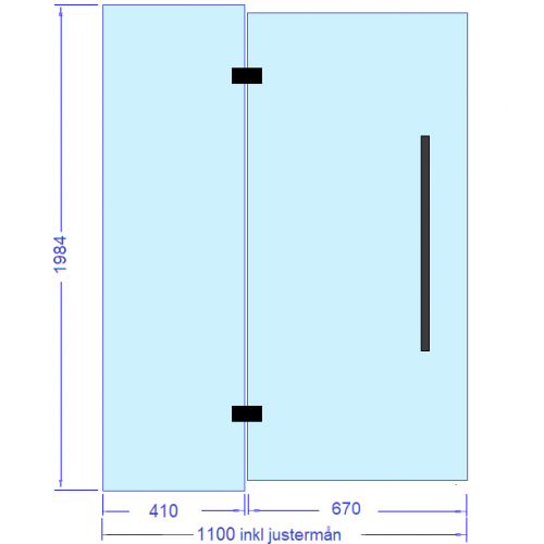 Glas+dörrkombination 1100 mm med svarta beslag till bastu