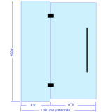 Glasvägg 1100x2000 mm, monterad höjd 2000 mm, svarta beslag