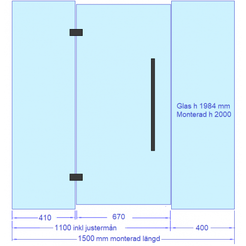 Glasvägg 1500x2000 mm, svarta gångjärn, svart handtag med trä insida, svarta U-profiler