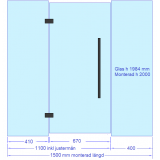 Glasvägg 1500x2000 mm, glasdörr+sidoglas 1100 mm med ett sidoglas 400 mm, svarta beslag