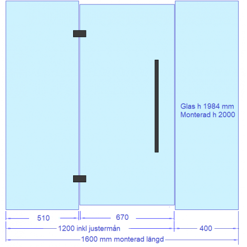 Glasvägg 1600x2000 mm, glasdörr med sidoglas 1200 mm plus glas 400 mm, svarta beslag