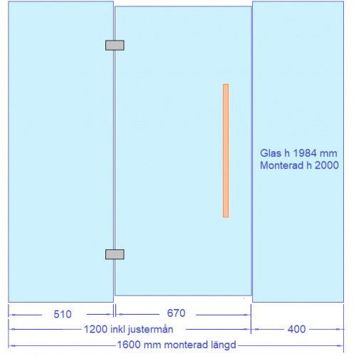 Glasvägg 1600 mm x höjd 2000 mm, gångjärn, handtag och U-profiler ingår