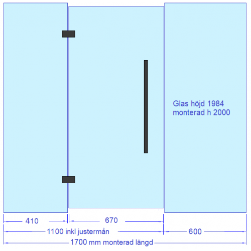 Glasvägg 1700x2000 mm, glasdörr med sidoglas 1200 plus ett glas 500 mm, svarta beslag