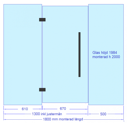 Glasvägg 1800 mm lång, höjd 2000 mm, svarta beslag