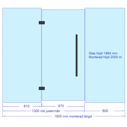 Glasvägg 1900x2000 mm, glasdörr+glas 1200 med sidoglas 700 mm, svarta beslag