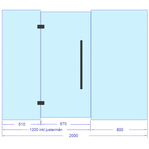 Glasvägg 2000x2000 mm, glasdörr med sidoglas 1200 mm+glas 800 mm, svarta beslag