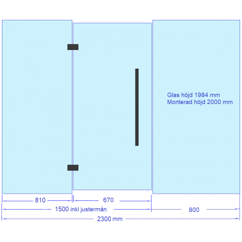 Glasvägg 2300x2000 mm, glasdörr+sidoglas 1500 + glas 800 mm, svarta beslag