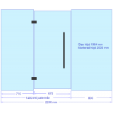 Glasvägg 2200x2000 mm, glasdörr med sidoglas 1400 plus glas 800 mm, svarta beslag