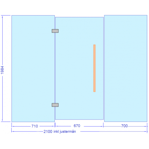 Glasvägg 2100 mm lång, sidoglas+dörr 1400 och sidoglas 710