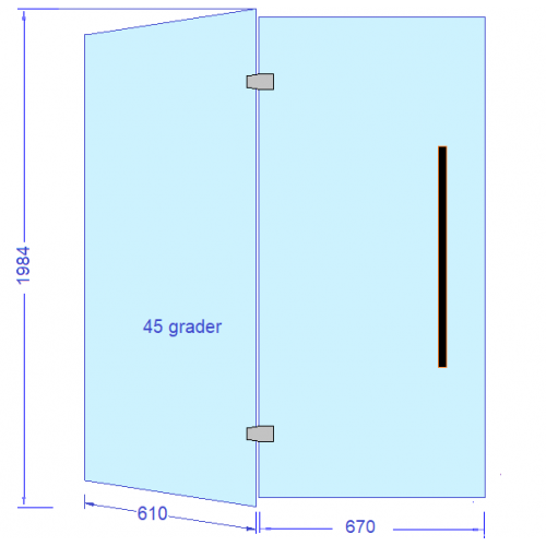 Glasvägg Black Line 45°, sidoglas 610+glasdörr 670 mm