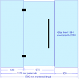 Glasvägg 1700x2000 mm, glasdörr med sidoglas 1200 plus ett glas 500 mm, svarta beslag
