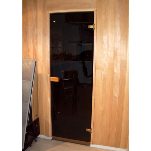 Bastudörr med rökfägat glas och karm 92 mm i al, rejält Abloy gångjärn och rullås, en bra dörr