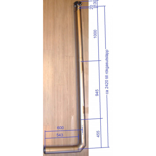 Rostfria oisolerade rökrör 2,5 meter med 90 graders böj för väggenomföring, inkl regnhatt.